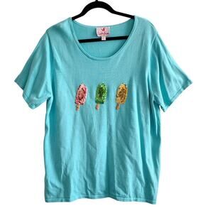 Quacker Factory Plus Size 1X Blue Sequin Popsicle Shirt Top Blouse Whimsy Vacay